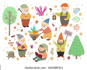 Collection of classic garden gnomes, set of cute fairytale cartoon characters.Different Situations. fantastic gnome elf character poses a magical world. Vector illustration isolated on white.