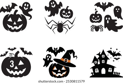 A Collection of Classic Halloween Elements: Ghosts, Bats, Pumpkins, Spiders and Witch in Action.