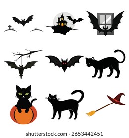 A collection of classic Halloween imagery including silhouetted bats, black cats, a haunted house, a graveyard, a witch's hat, and a broomstick, all on a white background.