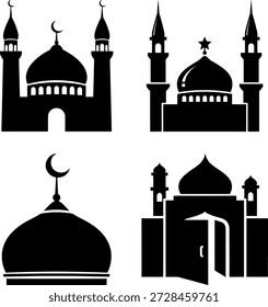 Colección de siluetas de mezquitas islámicas clásicas con elegantes cúpulas y minaretes para los Elementos del Diseño gráfico Ramadán Kareem y Eid Mubarak