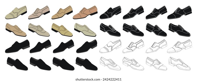 Collection of classic low shoes for men, guys, boys, isolated vector