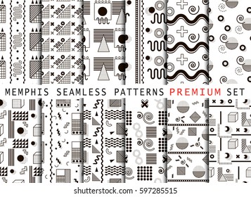 Collection of classic memphis seamless patterns. Black and white colors. Background for printing brochure, cover, poster, textile design, web and cards