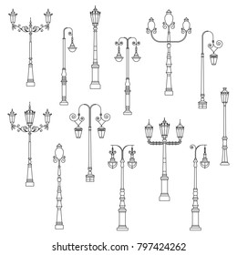 Collection of classic and modern city street light posts with three lanterns and hanging lamps in thin line design. Streetlight symbols, urban illumination and lighting equipment in outline design.  