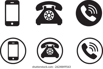 A collection of Classic and Modern Phone Icons Representing Communication, Mobile Devices, Vintage Telephones, and Call Symbols in Monochrome Design. Vector art call icon set.