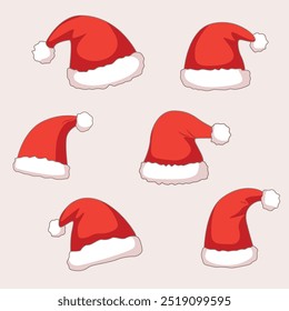 Una colección de clásicos sombreros rojos de Santa con ribetes blancos esponjosos y pompones en un diseño simple de estilo de dibujos animados. Ideal para decoraciones navideñas, ilustraciones de temática navideña y proyectos festivos