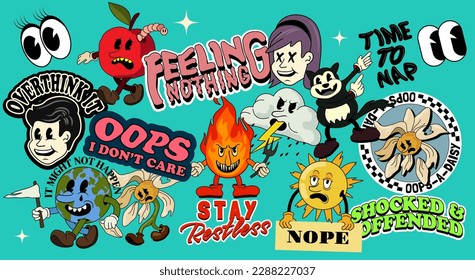 A collection of classic retro stickers and playful uninspiring quotes with cartoon characters. Vector illustration set.