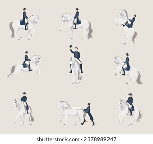 Collection of classic riders on white horses performing various elements of dressage