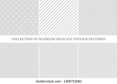 Collection of classic seamless retro  patterns - simple geometric design. Vintage style - gray brushed textures. Repeatable vector backgrounds.