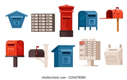 Collection of classic style mailbox with different forms and color vector illustration isolated on white background