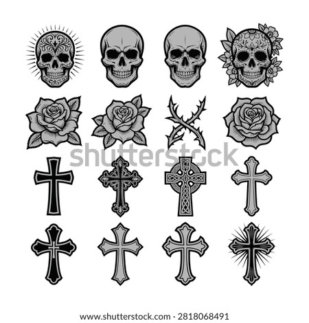 Collection of classic tattoo motifs featuring skulls, roses, thorns, and various cross designs. Black and white grunge style symbols suitable for design projects.