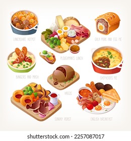 Collection of classic traditional British dishes with names. Meals good for lunch, snack and dinner. Popular English and Irish foods. Isolated vector images, tasty menu illustrations. Meat vegetables 