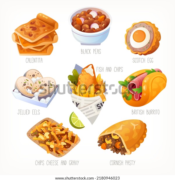 Collection of\
classic traditional British street foods with names. Fast food to\
go for lunch, snack and dinner. Popular english meals. Isolated\
vector images, tasty menu illustrations.\
