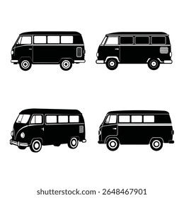 Uma coleção de silhuetas de van clássicas, apresentando projetos automotivos retro. Estes veículos icônicos são apresentados em um estilo limpo, gráfico, perfeito para projetos com tema vintage.
