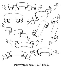 Collection of classic vintage hand-drawn outline ribbons. 