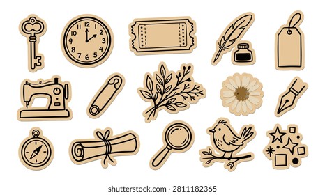 Collection of classic vintage themed hand drawn stickers perfect for scrapbooking and artistic journaling. Features antique objects like keys clocks and sewing machines alongside delicate floral elements and writing tools rendered in a charming rustic sketch style aesthetic.
