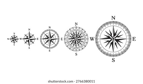 Collection of classic wind rose illustrations, traditional naval navigation symbols, old world cartography elements.