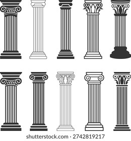 Collection Classical Architectural Columns Silhouette, Ionic Column Pillars Vector Set, ancient architecture greek temple