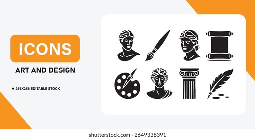 Collection of Classical Art and Heritage Icons Featuring Sculptures, Columns and Scrolls
