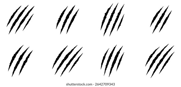 Coleção de garras de ícones de vetor de arranhões de animais. Gato, tigre, onça, monstro leão arranha formas de pata. Ilustração de vetor.