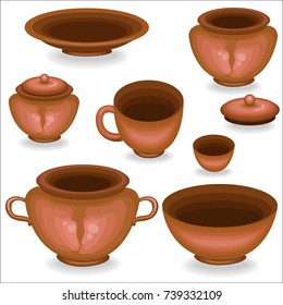 A collection of clay kitchenware. A pot, a cup, a bowl, a dish are needed in the kitchen. They cook food in it, eat it. Pottery for a healthy diet. Vector illustration.