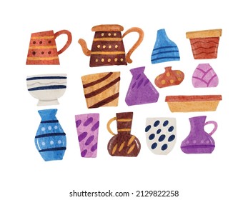 Collection of Clay Pottery Vase Watercolor Illustration