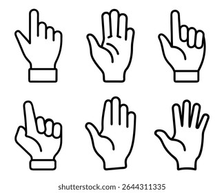 Collection of clean black outline hand gestures on white background. Minimalist vector icons for apps, infographics, and UI design.