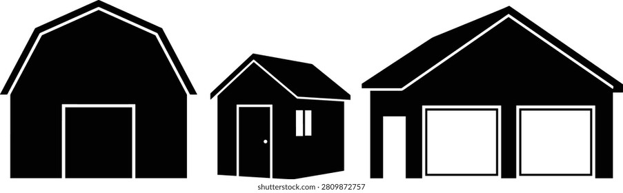 A collection of clean black silhouettes featuring a classic barn, a utility shed, and a double-door garage. Ideal for real estate listings, architectural planning, and property management icons.
