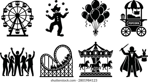 A collection of clean black vector silhouettes representing a funfair or amusement park experience. This set includes iconic elements like a Ferris wheel, roller coaster, carousel, clown, magician, and festival snacks, perfect for event invitations, graphic design, and web interfaces.