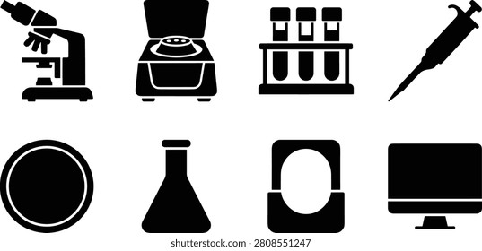 A collection of clean black vector silhouettes illustrating clinical laboratory equipment including a microscope, centrifuge, test tubes rack, pipette, and petri dish. This professional pharmacology icon set is ideal for biotechnology infographics, medical research presentations, and science education materials.