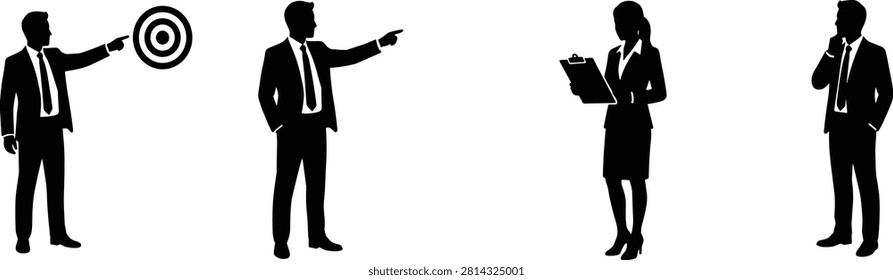 A collection of clean black vector silhouettes showing corporate business professionals focusing on strategic goals, including a manager pointing at a bullseye target, a secretary with a clipboard, and a pensive businessman in a suit. This versatile icon set is perfect for human resources, goal setting presentations, corporate branding, and financial growth marketing.