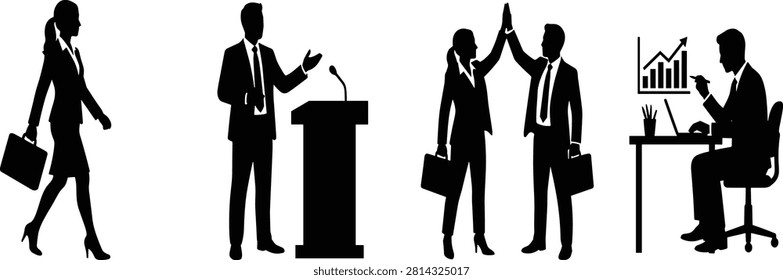 A collection of clean black vector silhouettes showcasing corporate professionals in various office scenarios, including a businesswoman walking with a briefcase, a public speaker at a podium, coworkers giving a high five, and a financial analyst using a laptop. This versatile icon set is ideal for corporate presentations, business growth branding, employment agencies, and marketing designs.