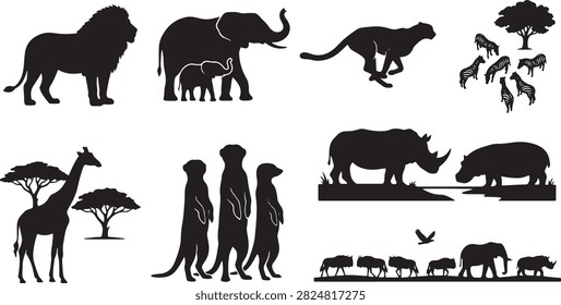 A collection of clean black vector silhouettes illustrating lions, elephants with calves, running cheetahs or leopards, zebras near a tree, giraffes with acacia trees, meerkats standing guard, rhinos and hippos near water, and a wildlife migration line featuring various savannah animals and a bird. Perfect for wildlife safari branding, nature conservation projects, and African-themed web designs.