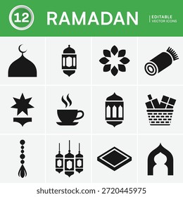 Una colección de iconos vectoriales editables en blanco y negro que representan varios símbolos asociados con el mes sagrado islámico del Ramadán.