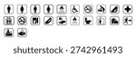 Collection of clean black and white vector icons representing common public services and facilities. Useful for websites, apps, and print materials.
