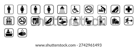 Collection of clean black and white vector icons representing common public services and facilities. Useful for websites, apps, and print materials.
