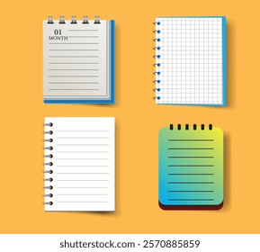 Collection of clean, blank notebook with spiral binding and white pages. Perfect for stationery designs, diary entries, office notes, or mockup templates.