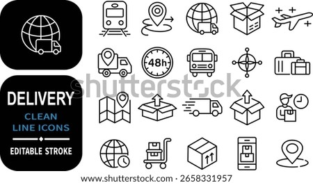 Collection of clean and editable line icons depicting delivery and logistics concepts