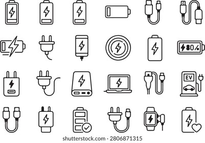 Collection of clean, flat icons depicting various types of batteries, chargers, and power connections for digital devices