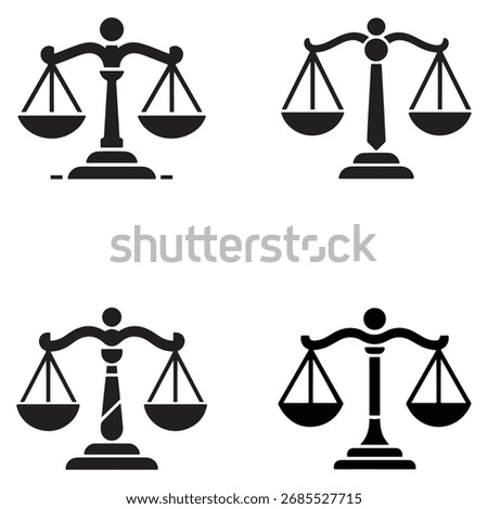 A collection of clean, geometric balance scale icons in a minimalist silhouette style, perfect for representing justice, law, or equilibrium.