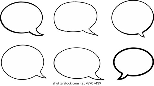 Collection of clean isolated minimalist speech bubbles, white oval shapes with sharp black outlines. Comic book messaging aesthetic, perfect for communication concepts.
