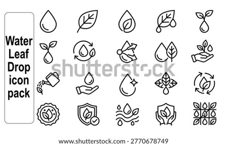 A collection of clean line art icons representing water drops, leaves, and growth. These symbols convey concepts of nature, purity, and nurturing.