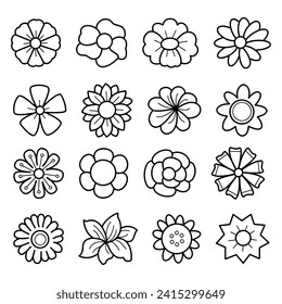 Collection of clean linear art flowers icons, variety of black and white floral elements, vector illustration.