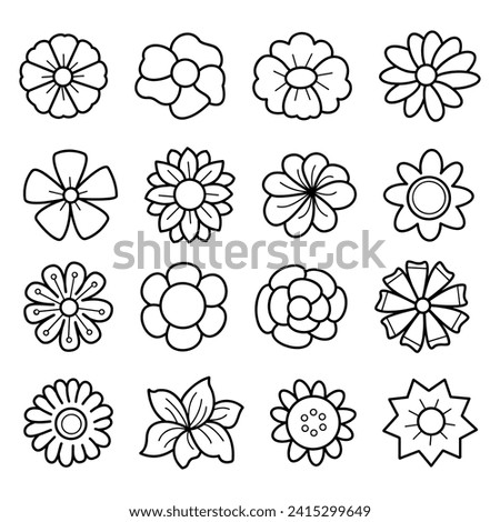 Collection of clean linear art flowers icons, variety of black and white floral elements, vector illustration.