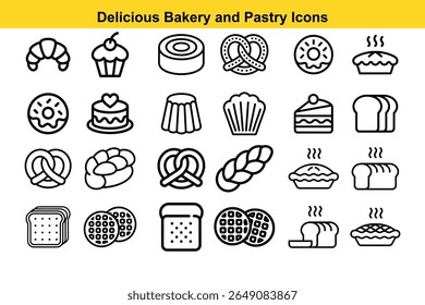 A collection of clean, line-art icons representing various delicious bakery and pastry items, including croissants, cupcakes, donuts, pies, pretzels, cakes, and bread, perfect for food-related designs
