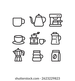 Uma coleção de ícones limpos e mínimos com ferramentas essenciais para fazer café — de máquinas de café expresso a moedores — perfeito para cafés, guias baristas ou marcas relacionadas a café.