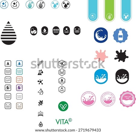 A collection of clean, minimal icons representing hydration, moisture care, gentleness, science-based ingredients, and eco-friendly values, designed for cosmetic and personal care products.
The icons use simple shapes and soft colors to clearly communicate product benefits such as moisturizing, soothing, mild formulas, and skin protection.