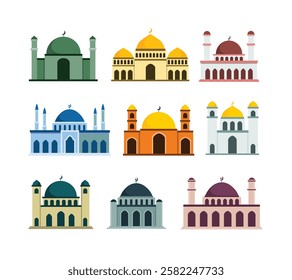 A collection of clean and minimal mosque building illustrations featuring basic domes, minarets, and traditional architectural elements. Perfect for Islamic designs, greeting cards, and decoration.