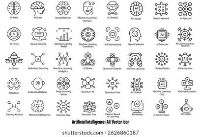 A collection of clean and minimal vector icons representing artificial intelligence, machine learning, data science, neural networks, robotics, and automation. 