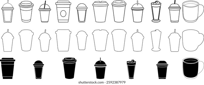 A collection of clean and modern coffee cup icons, including takeaway cups, iced coffee with straws, and various lid styles. Perfect for café branding, menu designs, ETC