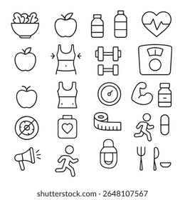 A collection of clean, modern icons representing healthy food, exercise, and a balanced lifestyle for wellness and fitness.